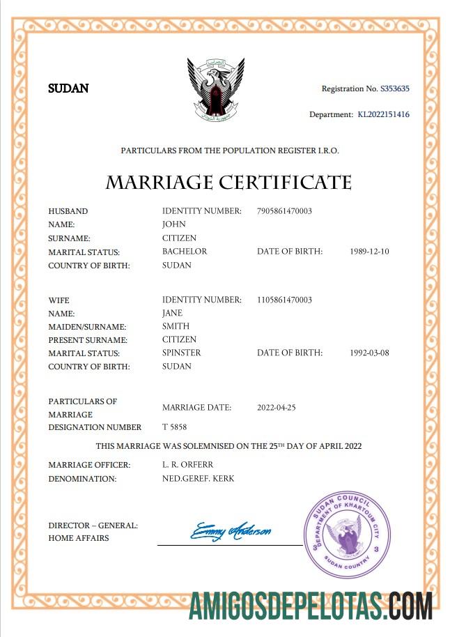 Imprimível modelo Word e PDF de certidão de casamento no Sudão
